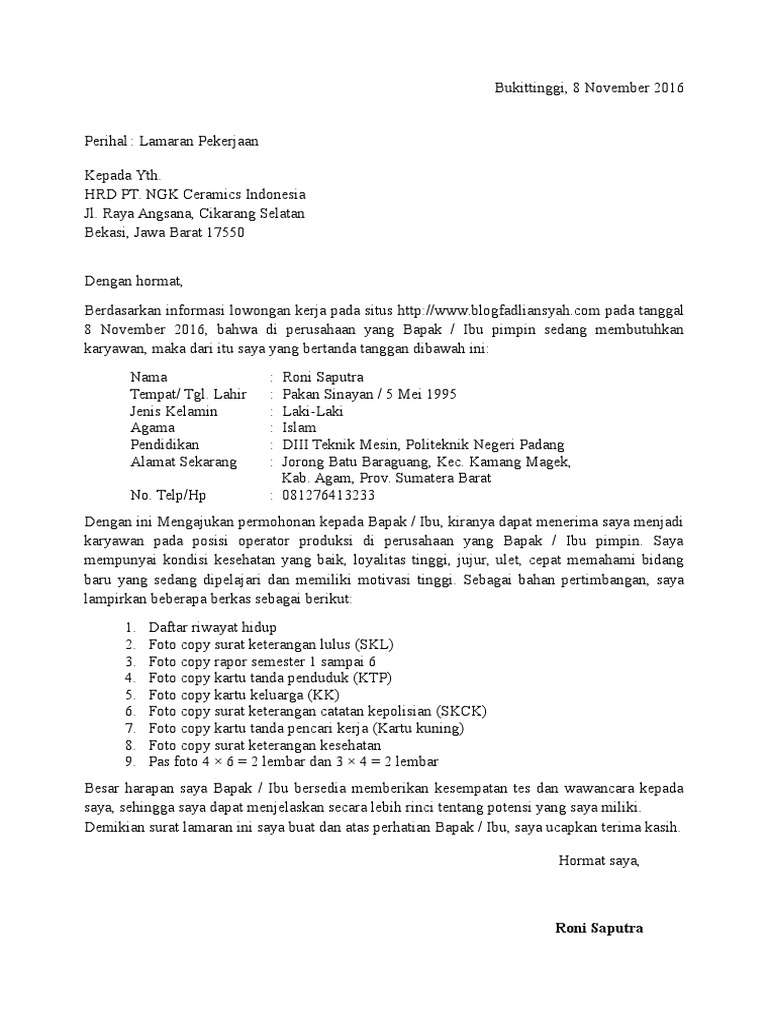 Surat Lamaran Kerja PT Yamaha Indonesia Motor Manufacturing | PDF