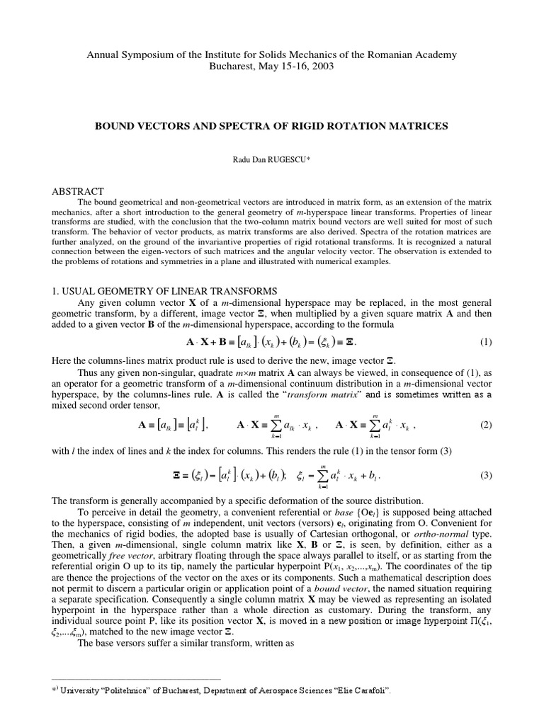 Bound Vectors in Rigid Rotation Matrices | PDF | Eigenvalues And ...
