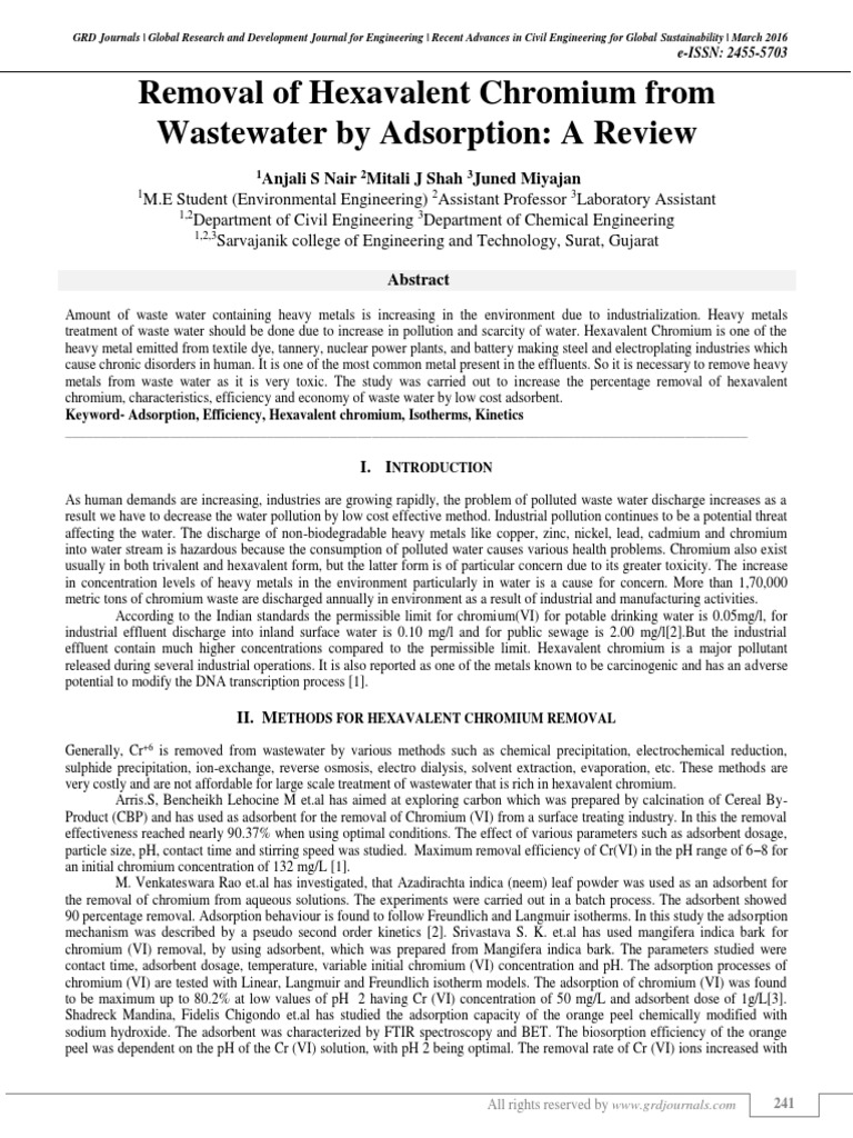 Removal of Hexavalent Chromium From Wastewater by Adsorption: A Review ...