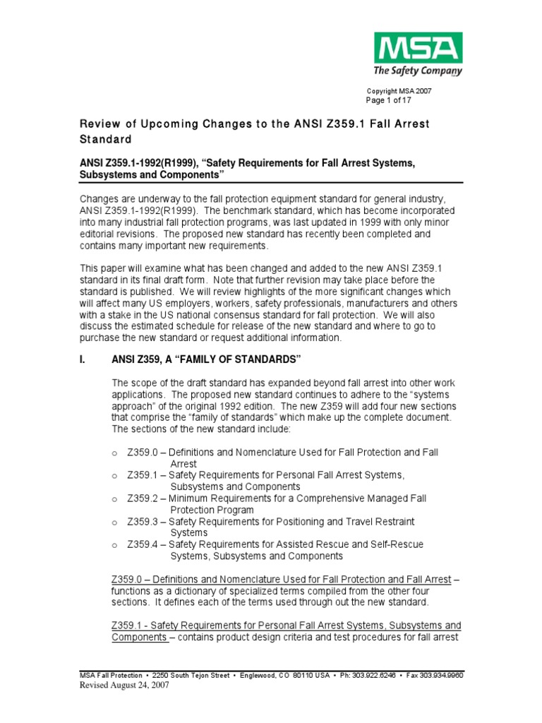 Review of upcoming changes to the ansi z359 1 fall arrest standard