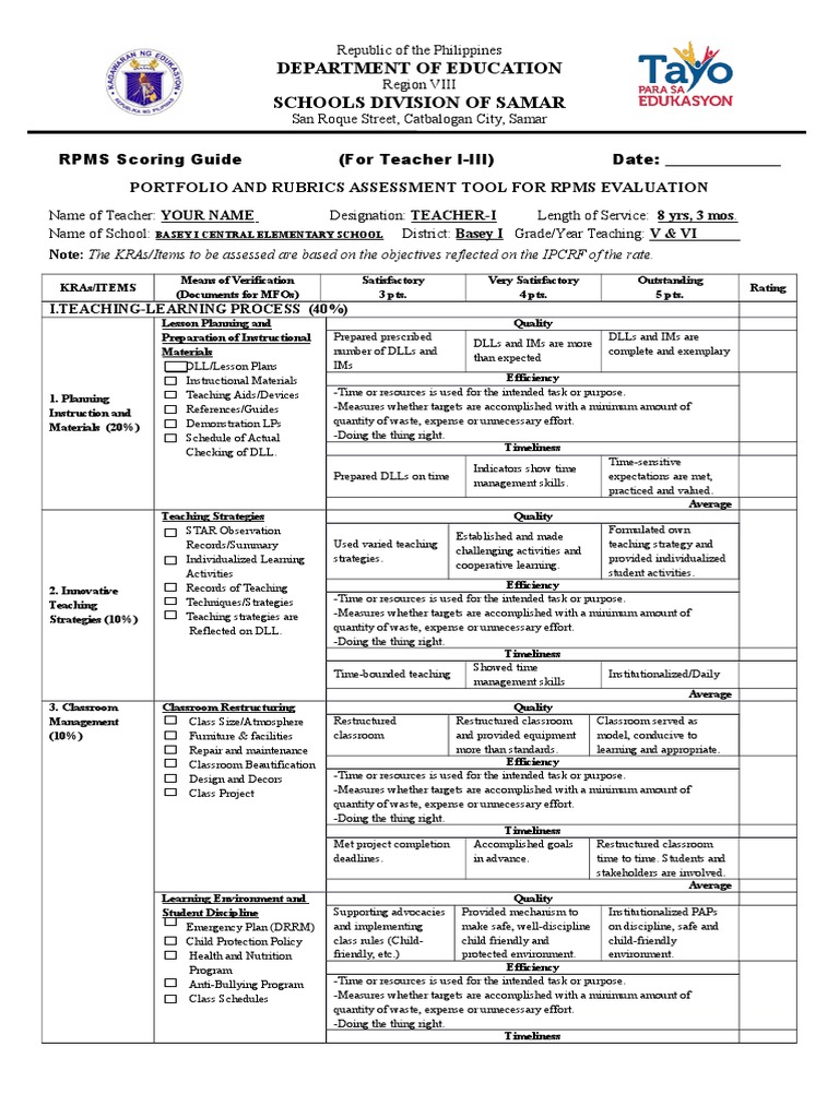 RPMS Evaluation Guide for Teachers | PDF | Students | Educational ...
