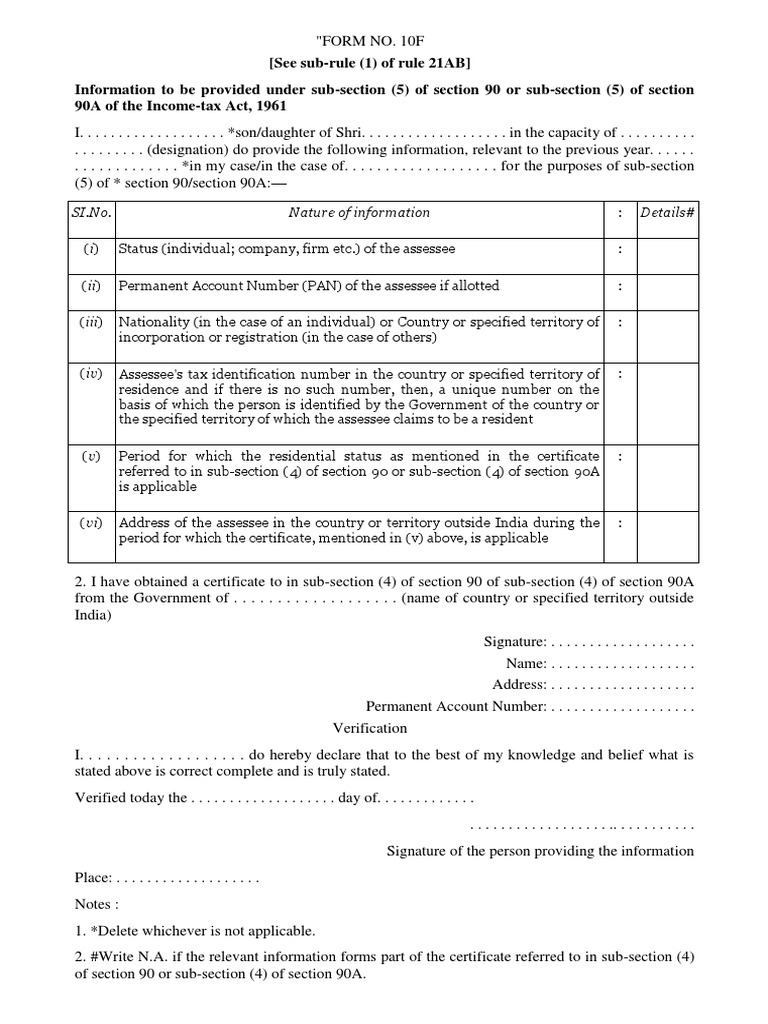 Form No. 10F for Income Tax Compliance | PDF | Finance & Money ...
