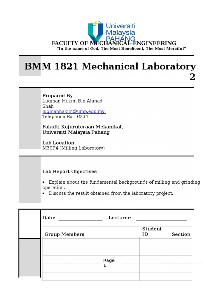 Report of Milling Project Lab 2 PDF Crafts Industries