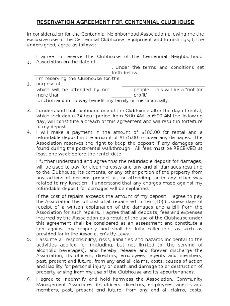 Centennial Clubhouse Reservation Agreement | PDF | Indemnity | Damages
