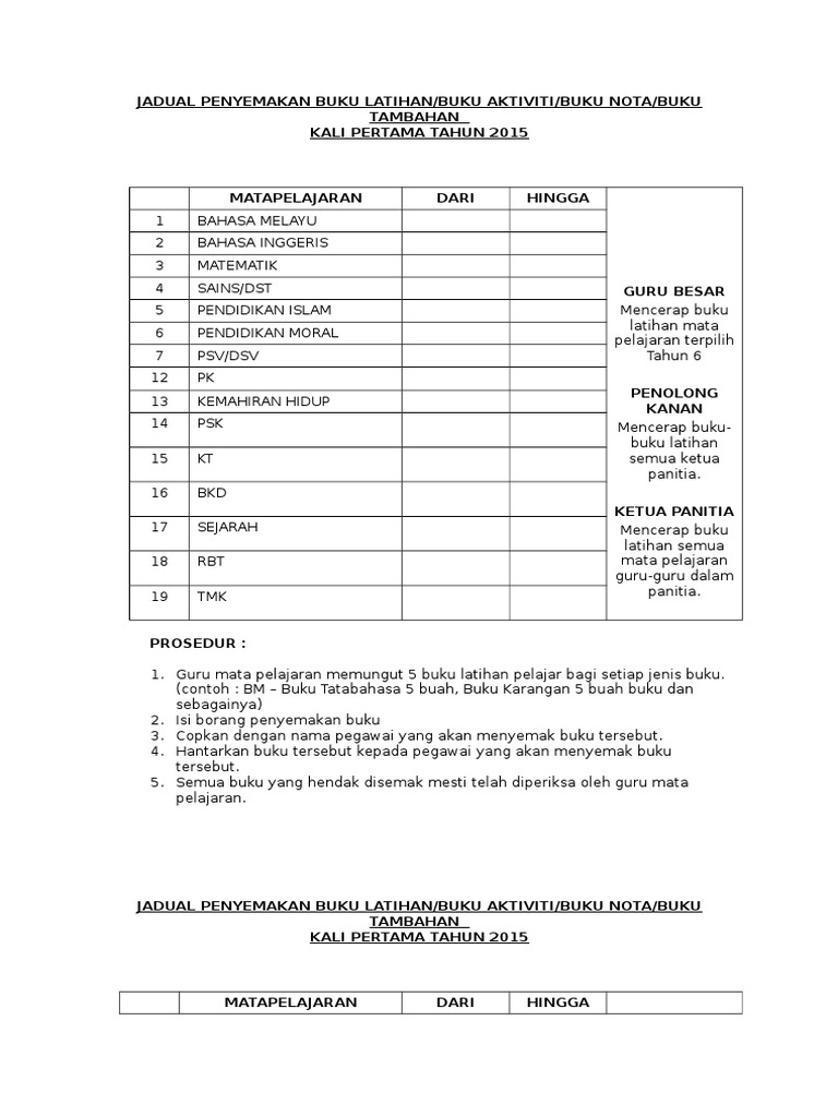 Jadual Penyemakan Buku Latihan