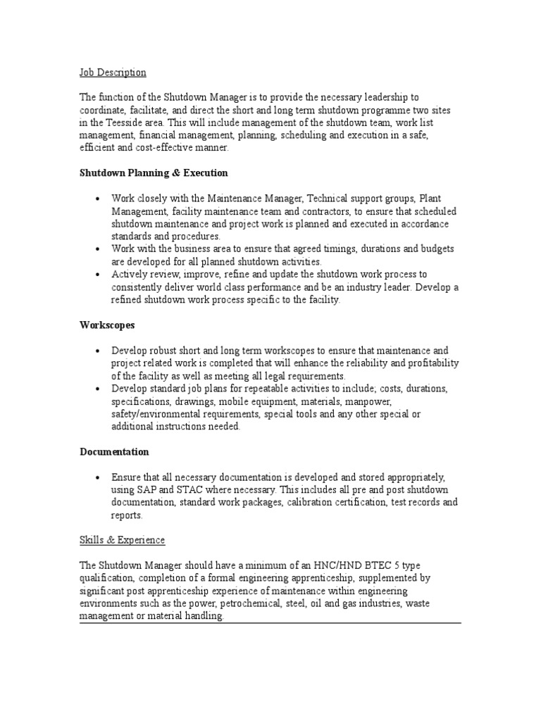 Job Description Shutdown Manager PDF Construction Management