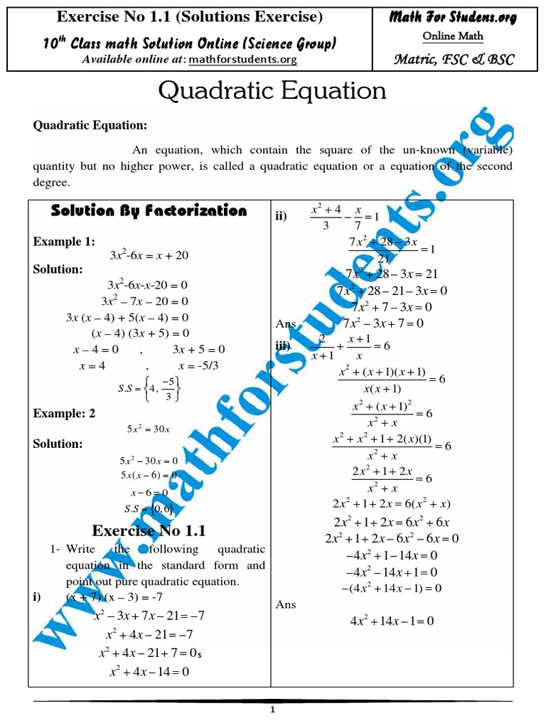 Quadratic Equation 10 Class Math Solution Online Science Group
