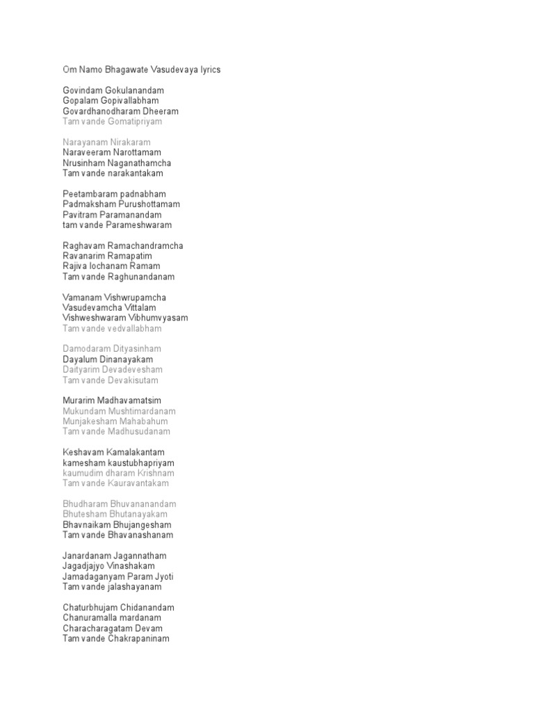 Om Namo Bhagwate Vasudevay Lyrics | PDF | Religion & Spirituality