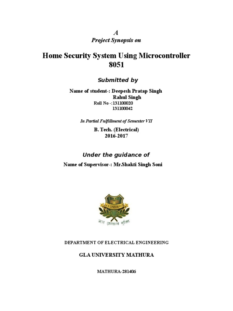Home Security System Using Microcontroller 8051 Project Synopsis On