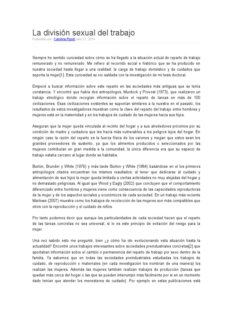 La División Sexual Del Trabajo Mujer Hombre
