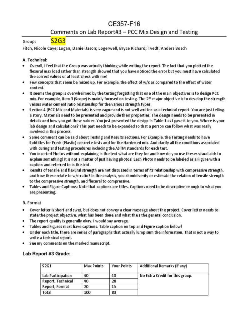 CE357-F16 Comments On Lab Report#3 - PCC Mix Design and Testing | PDF ...