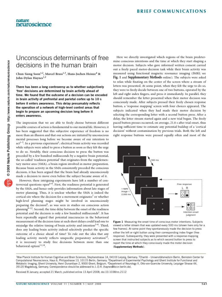 Unconscious Determinants of Free Decisions in The Human Brain | PDF