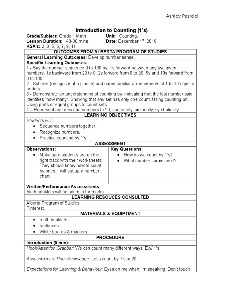 Grade 1 Counting Lesson Plan | PDF