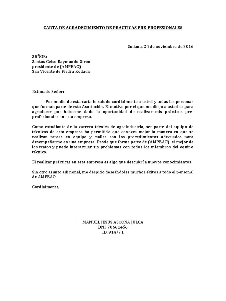 Carta De Agradecimiento De Practicas Preprofesionales