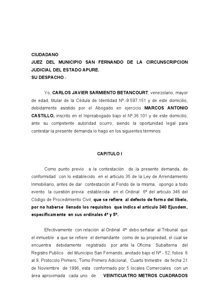 Contestación De Demanda De Desalojo El Salvador Demanda Judicial