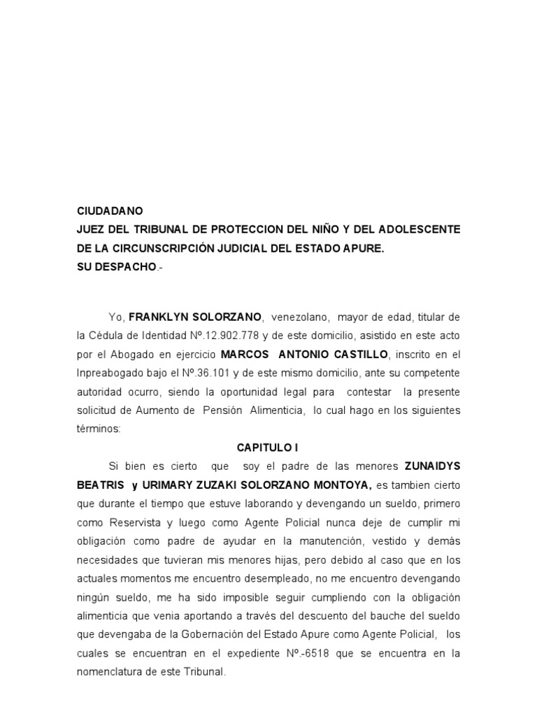 Contestación de Demanda de Pensión Alimentaria | Estado | Política