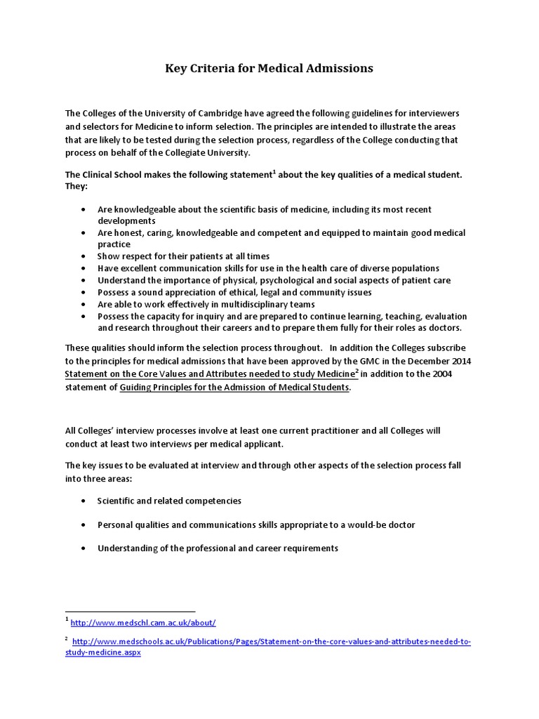 Key Criteria For Medical Admissions PDF Physician Medicine