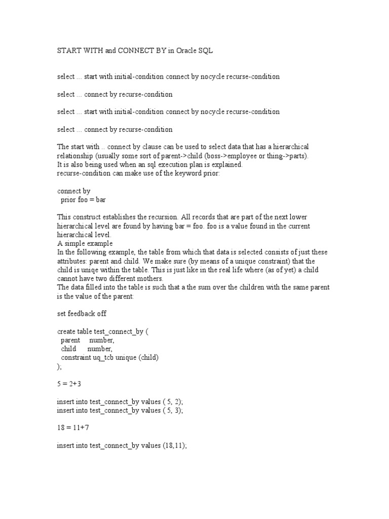 Start With and Connect by in Oracle SQL | Download Free PDF | Sql ...