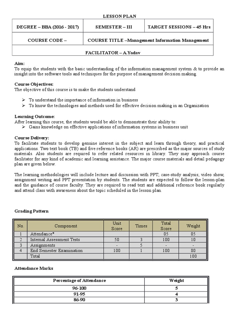 Lesson Plan MIS PDF Management Information System Lesson Plan