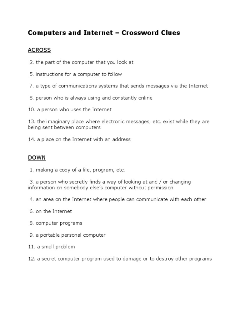 Computers and Crossword Puzzle Clues PDF Crossword
