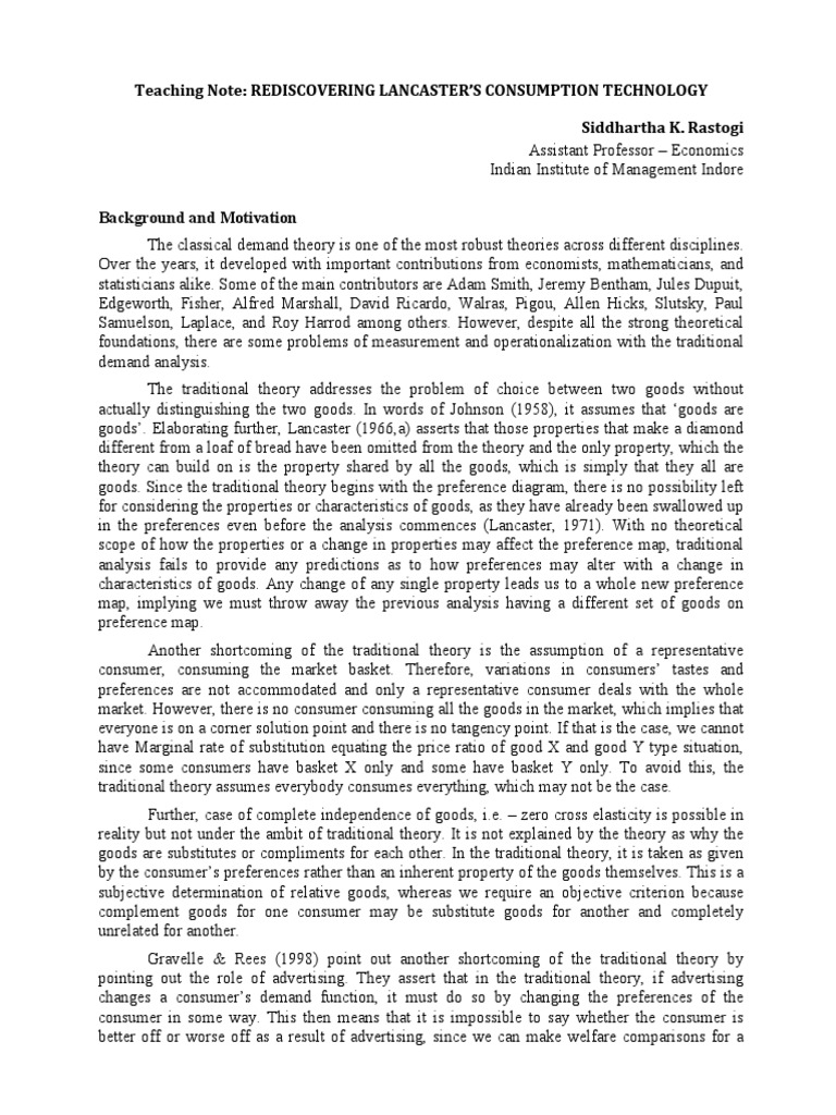 SKRastogi Teaching Note Lancaster Consumption Technology PDF Utility Economic Theories