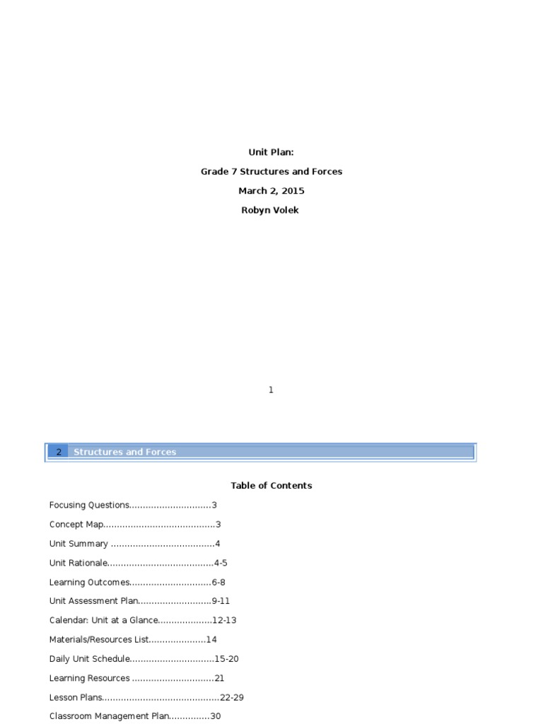 Unit Plan Grade 7 Structures and Forces - Robyn Volek | PDF | Data ...