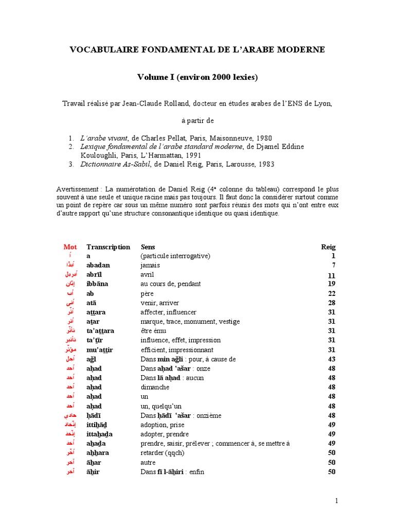 Vocabulaire Fondamental Arabe Moderne Vol1 PDF | PDF | Lexique