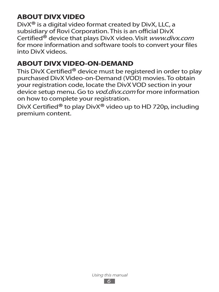 About Divx Video: Using This Manual | PDF