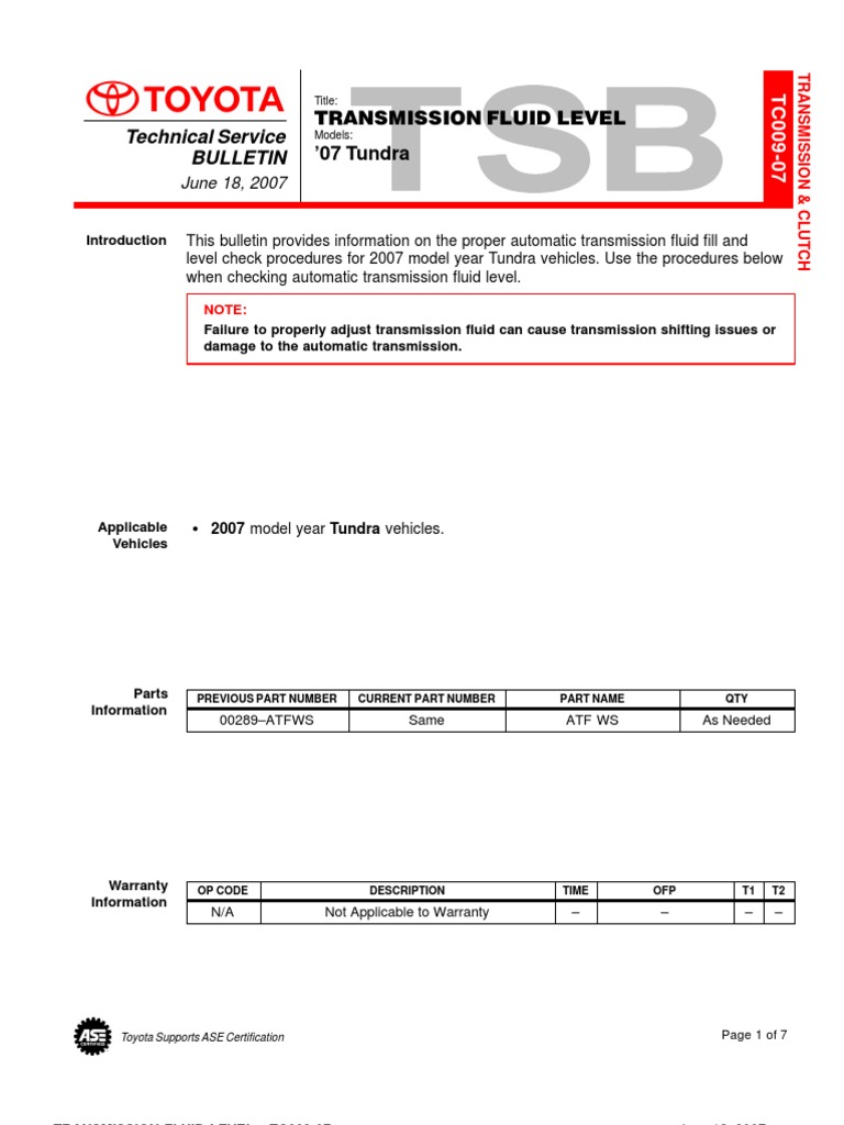 Tundra Transmission Fluid Check and Flush Instructions Transmission