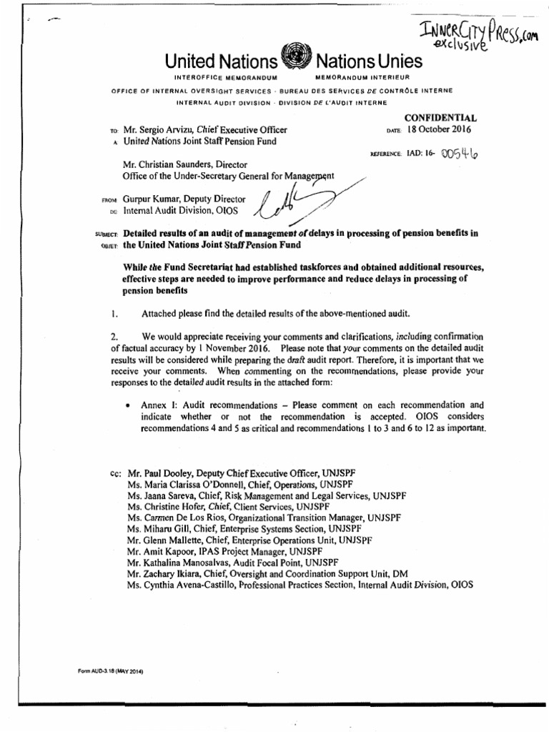 In Ban Ki Moon S Un Pension Fund S Leaked Oios Audit Shows Failure Delay Pension Risk