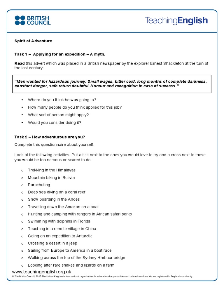 Spirit of Adventure Student Worksheet | PDF | Volunteering | Test ...