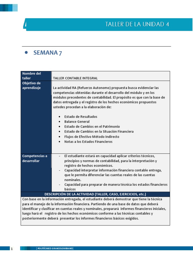 Taller de La Unidad 4 | PDF | Estado de resultados | Contabilidad
