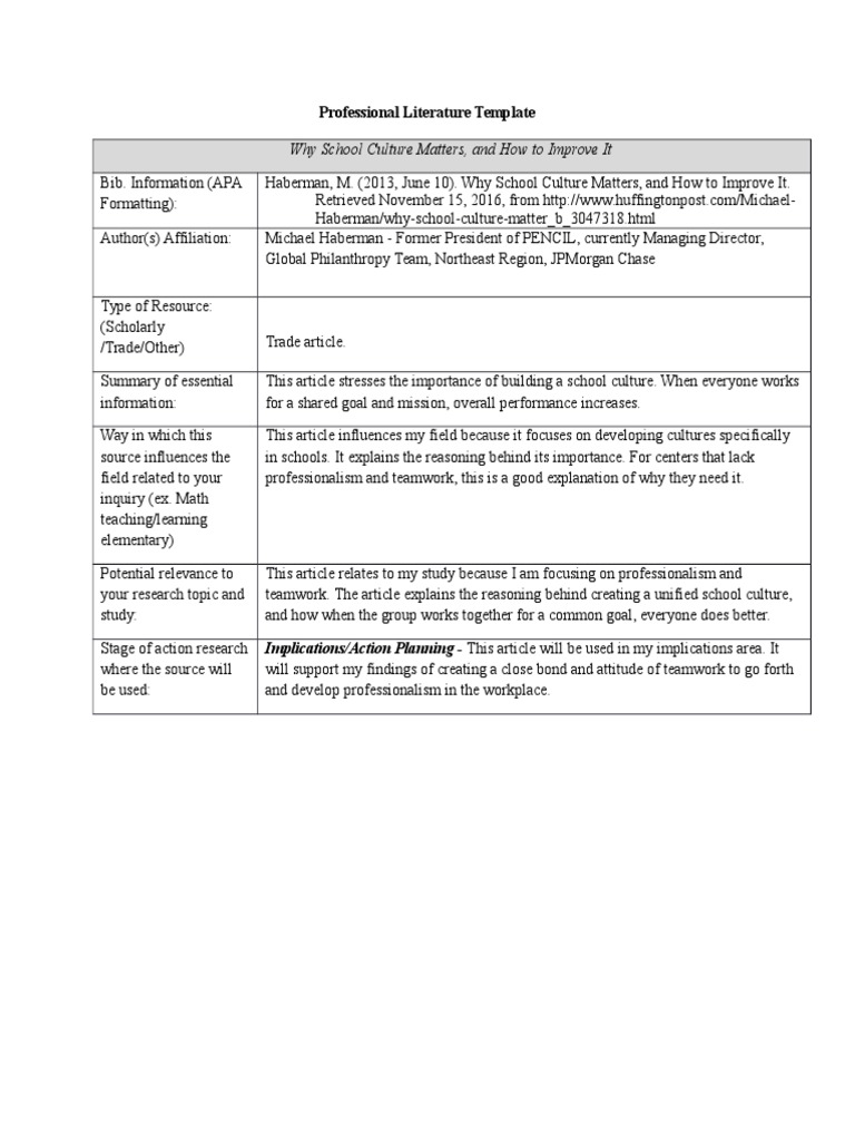 Used Professional Literature Template - Why School Culture Matters ...