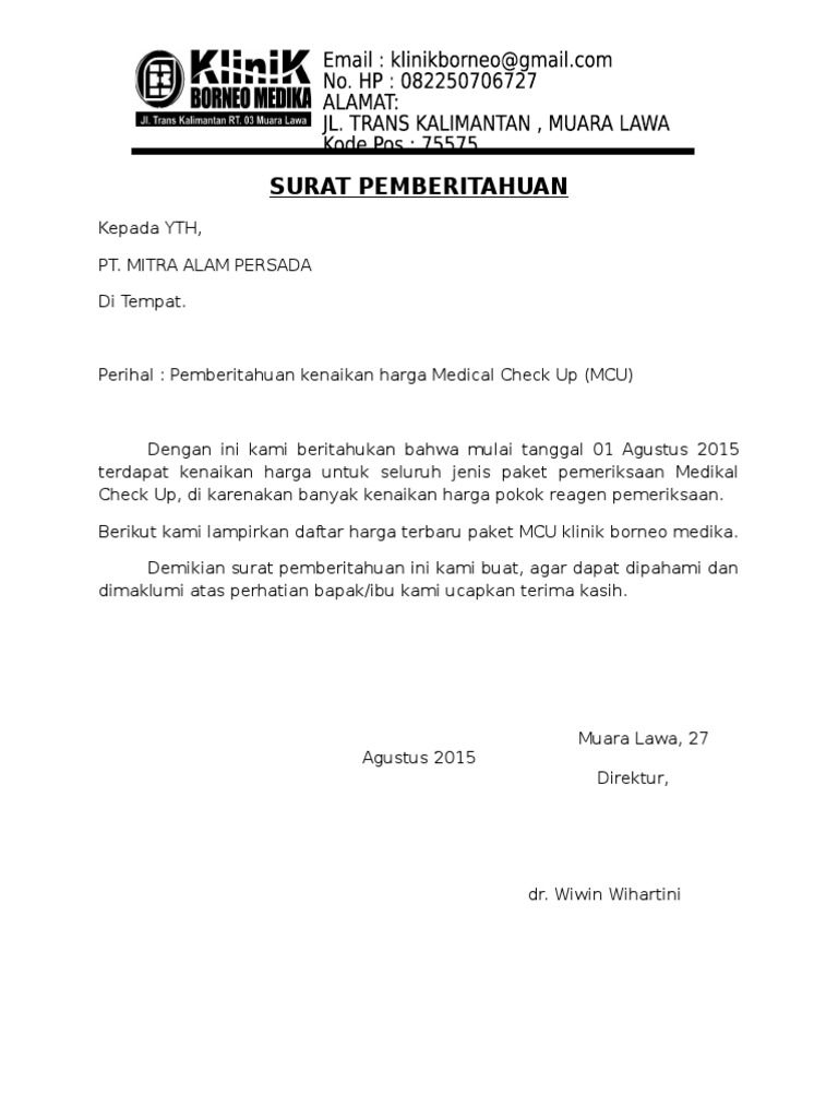 Surat Minta Kenaikkan Kos Bekerja