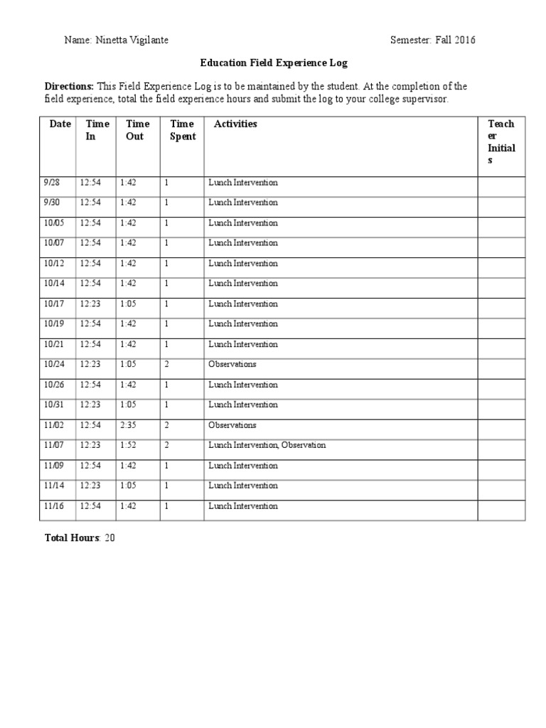 Fall 2016 Field Experience Log | PDF | Career & Growth | Foreign ...