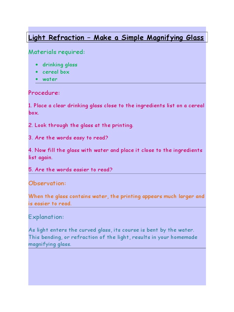 Light Refraction Make A Simple Magnifying Glass Materials Required