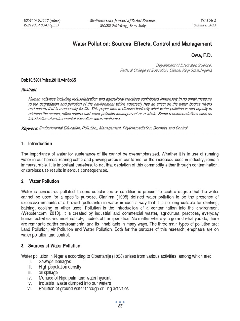 Water Pollution Sources, Effects, Control and Management PDF Water