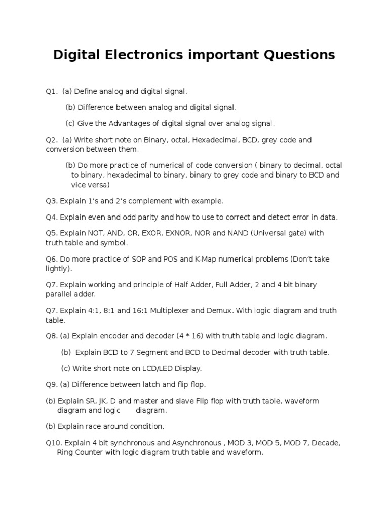 Digital Electronics Important Questions PDF