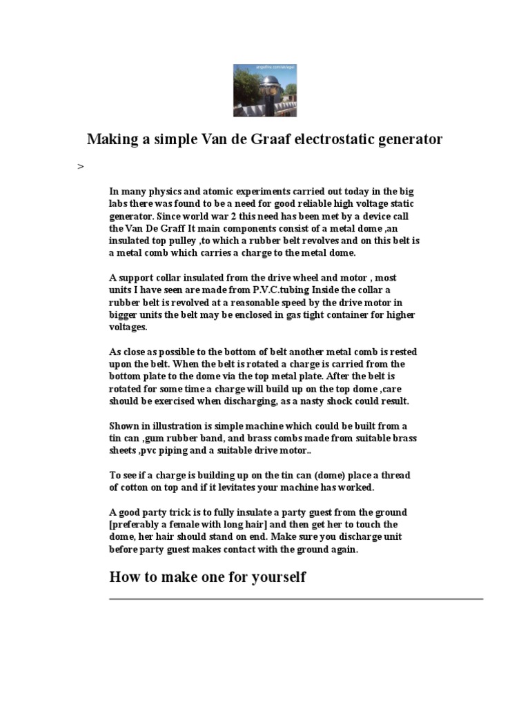 Van de Graaf Generator Plans PDF Belt (Mechanical) Screw