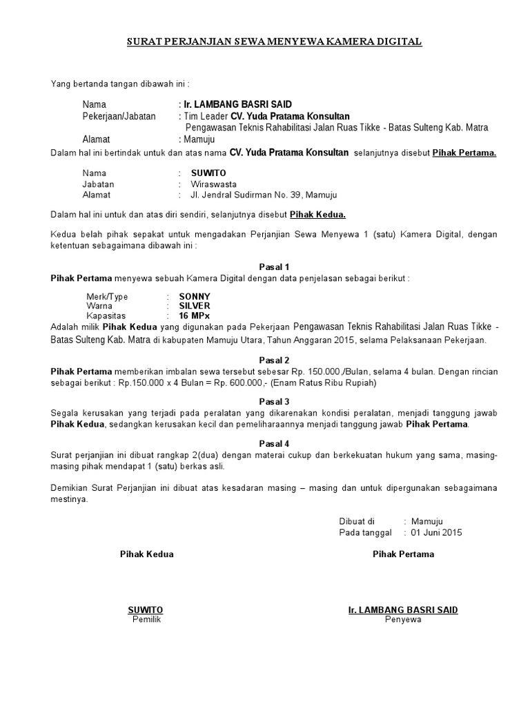 Perjanjian Sewa Kamera Digital | PDF | Pengelolaan Keuangan & Uang ...