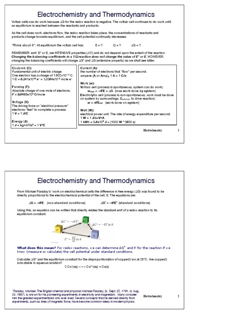 Electrochemistry & Thermodynamics Guide | PDF | Electrochemistry ...