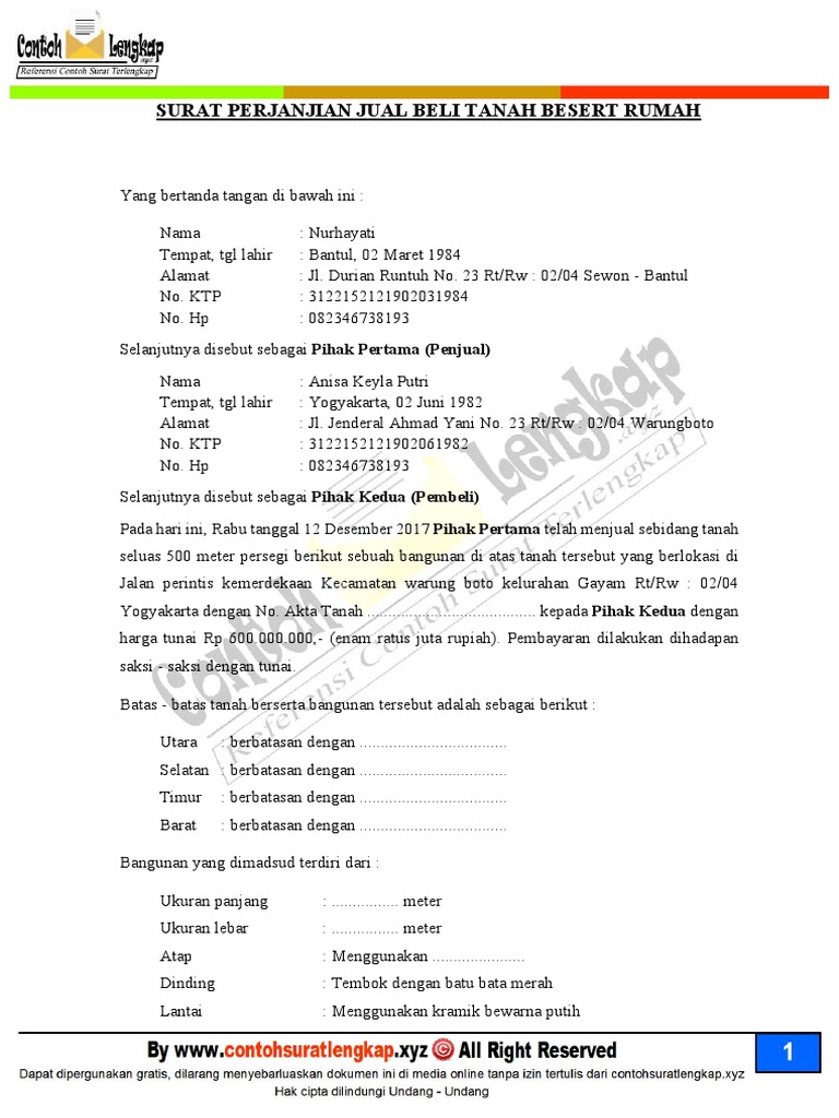 Contoh Surat Perjanjian Jual Tanah
