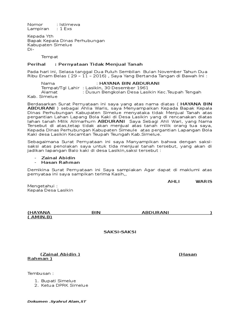 Surat Pernyataan Jual Tanah