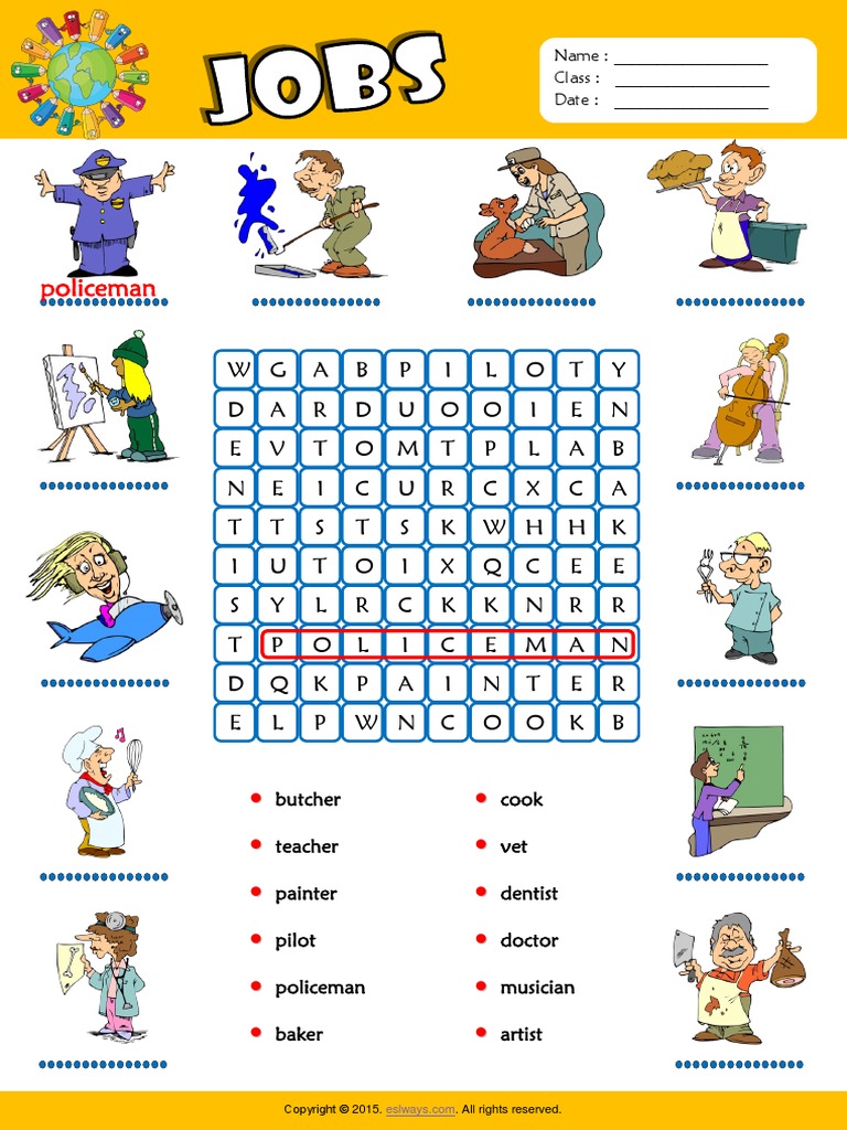jobs esl vocabulary word search worksheet for kids pdf