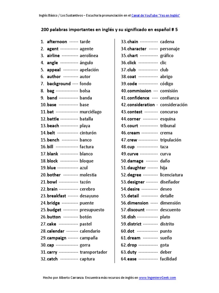 Fahrenheit Aparador Pulido 200 Palabras Importantes en Inglés y Su Significado en Español Con  Pronunciación (Vocabulario 5) | PDF | Idiomas