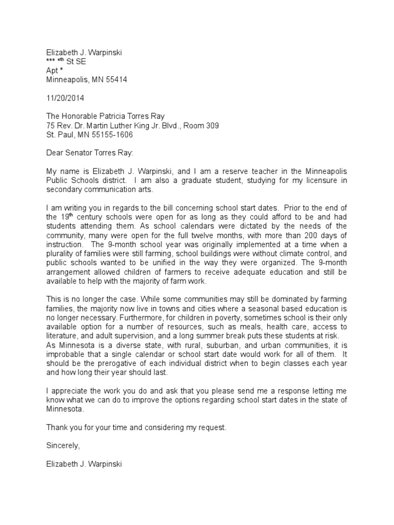 letter to education committee chair Minnesota Learning