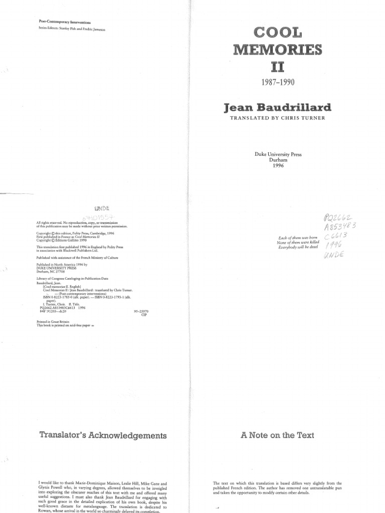 Baudrillard Jean Cool Memories II 1996 PDF | PDF | Utopia | Mind