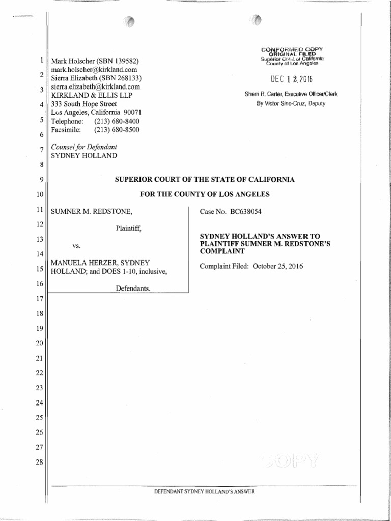 Syndney Holland Answer To Redstone Complaint PDF Affirmative