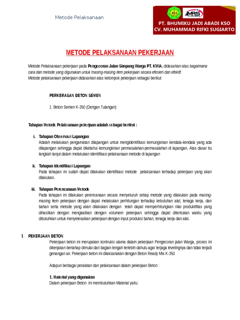 Metode Pekerjaan Beton K-350 | PDF