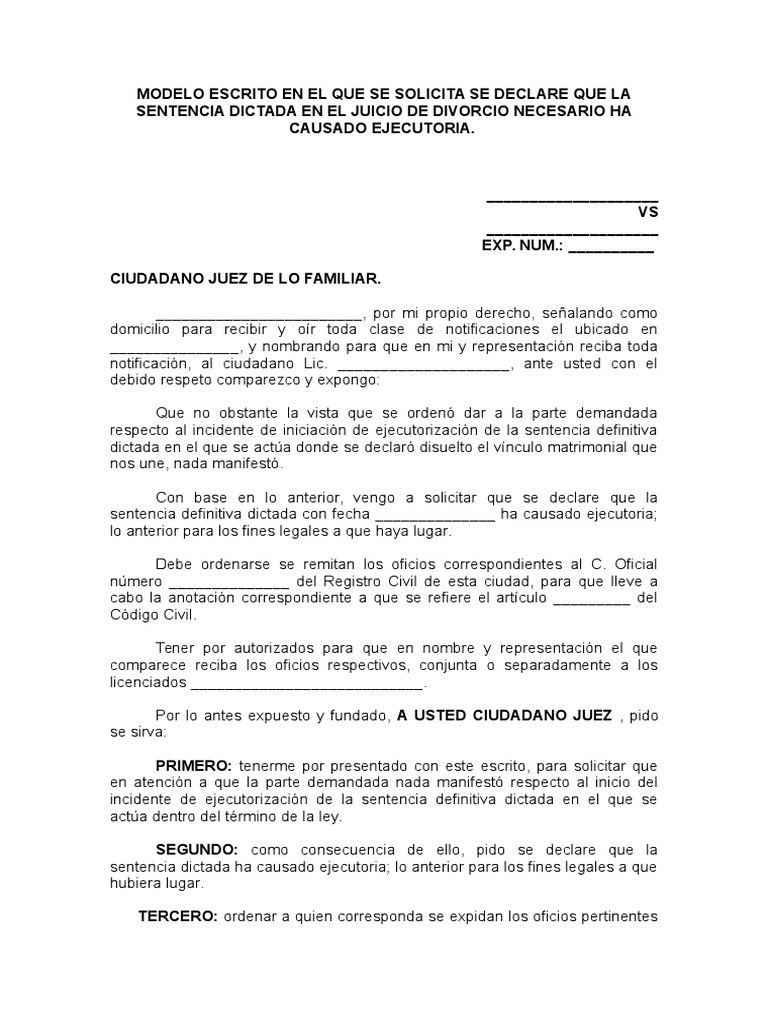 Modelo Escrito en El Que Se Solicita Se Declare Que La Sentencia
